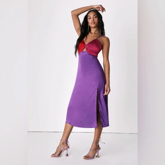 Lulus Chic Combo Purple Color Block Satin Twist-Front Midi Dress